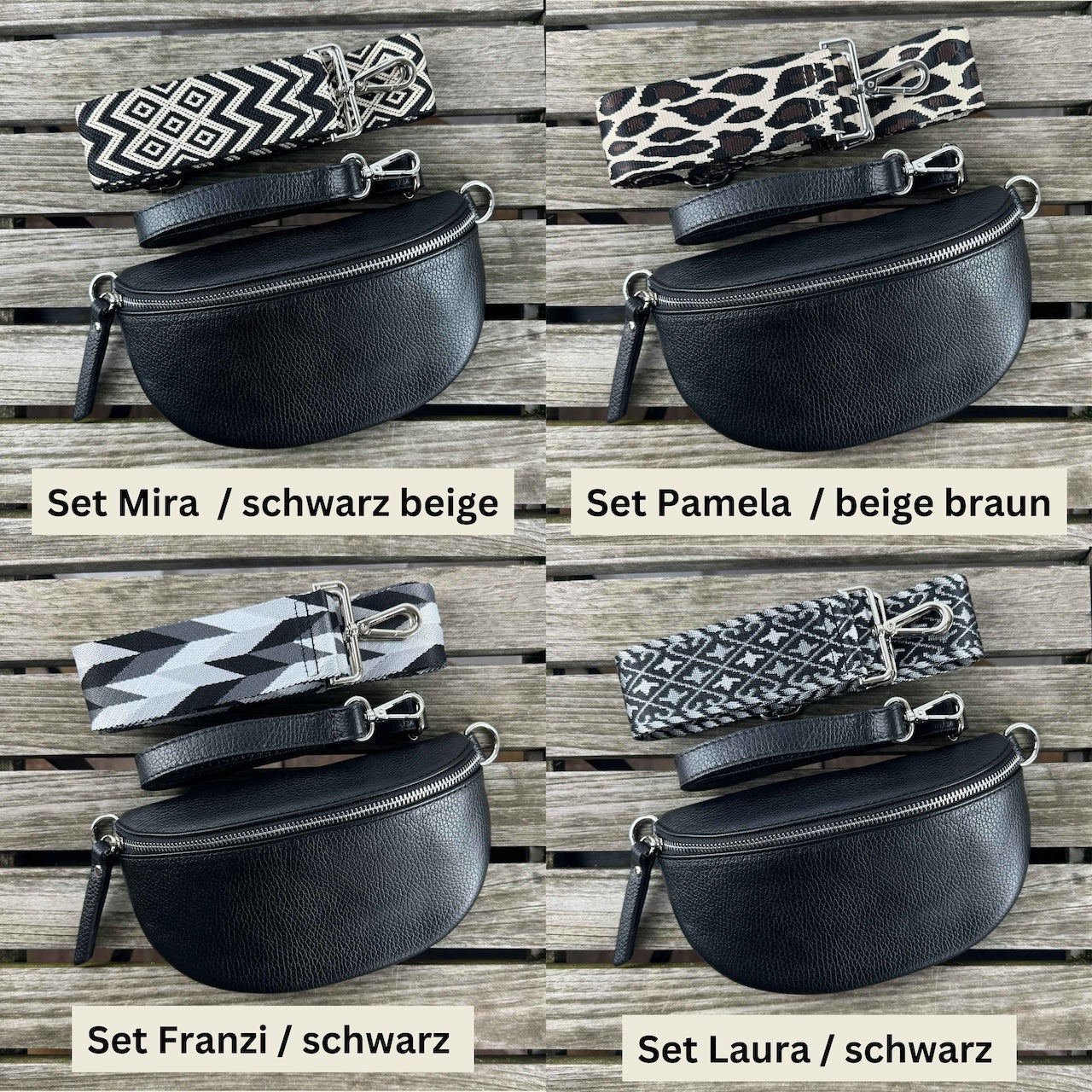 Schwarze Taschensets in vier Variationen – von elegant bis lässig, für jeden Geschmack etwas dabei.