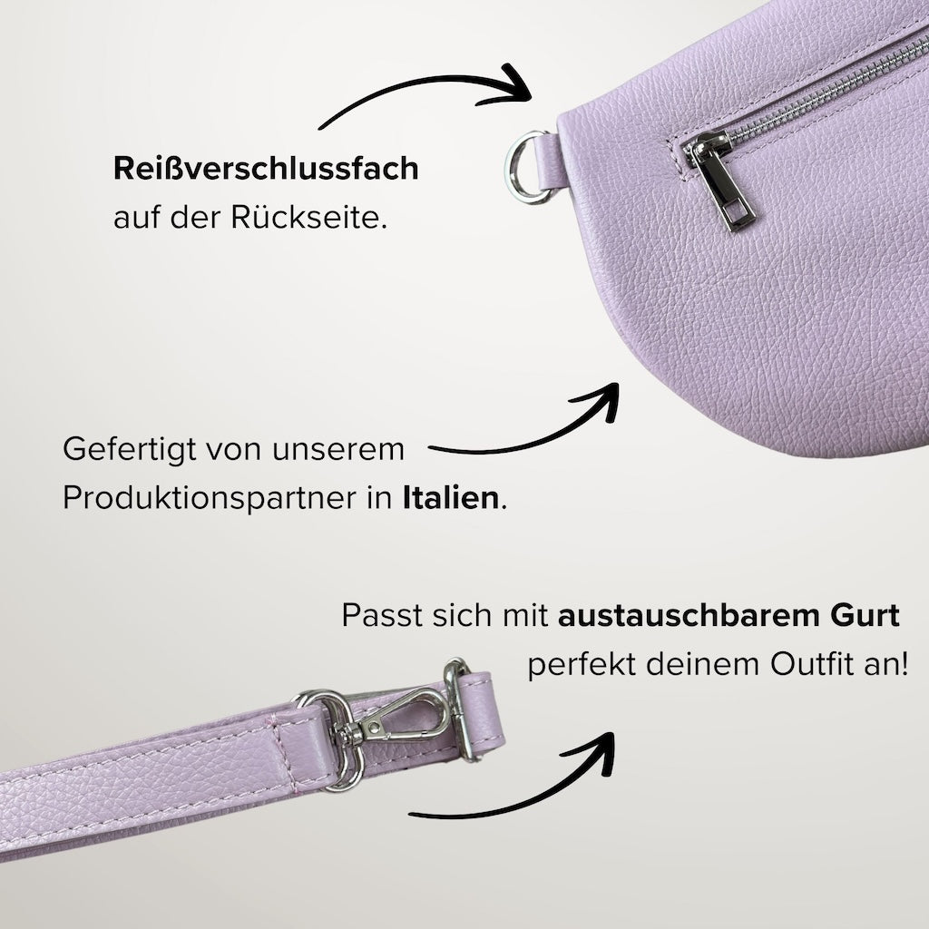 Lila Bauchtasche mit drei Produktmerkmalen: gefertigt in Italien, mit austauschbarem Taschengurt und praktischem Reißverschlussfach auf der Rückseite