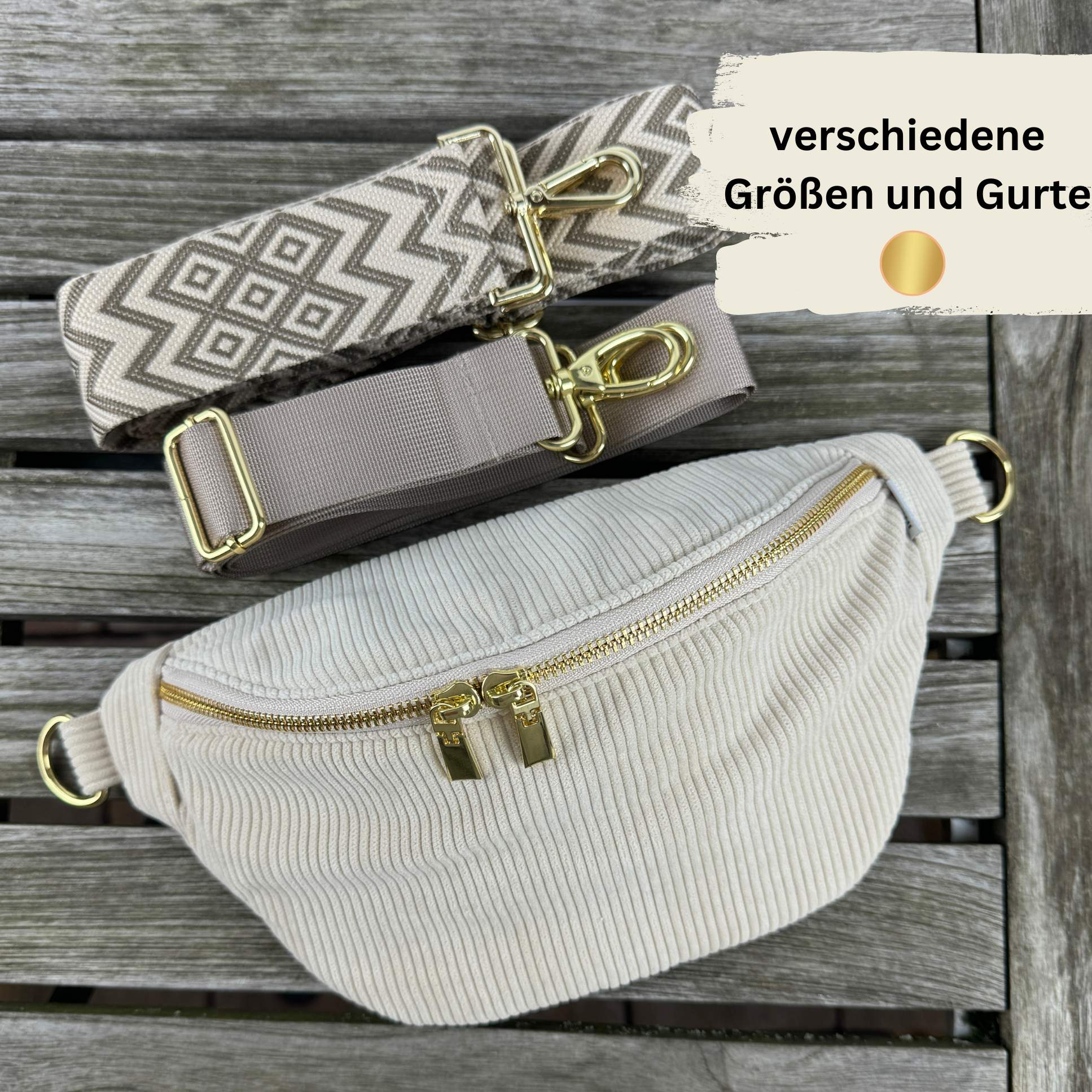 Beige Cord-Bauchtasche mit zwei abnehmbaren Gurten und goldenem Reißverschluss.