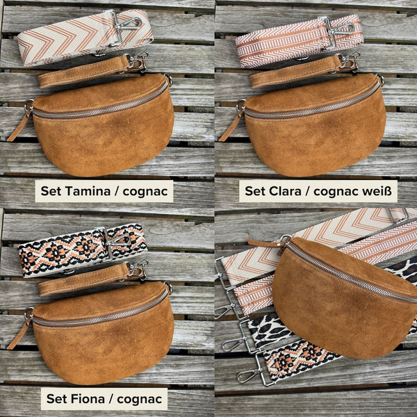 Drei Varianten der cognacfarbenen Veloursleder-Bauchtasche im Set – jeweils mit Wildledergurt und breitem Wechselgurt in verschiedenen Designs