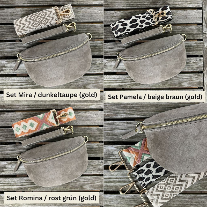 Bauchtasche Wildleder Damen SET - Dunkeltaupe - GOLD – Mittelgroß / Mira / dunkeltaupe (gold)