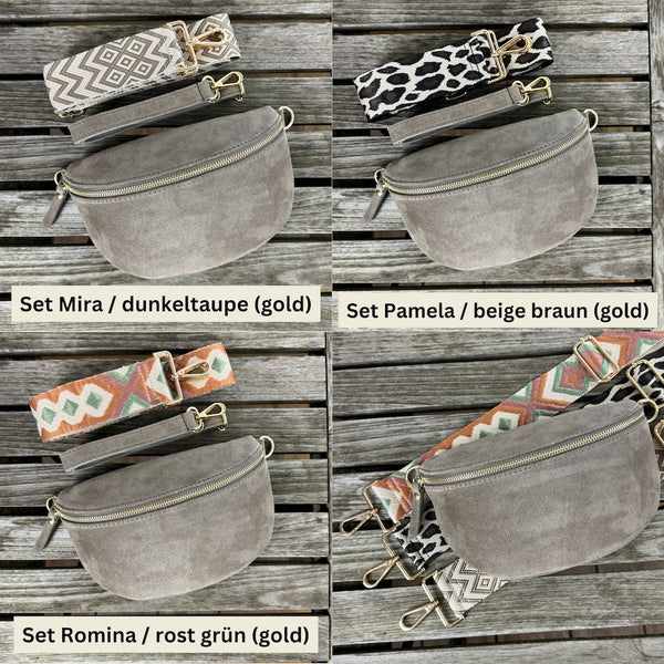 Bauchtasche Wildleder Damen SET - Dunkeltaupe - GOLD