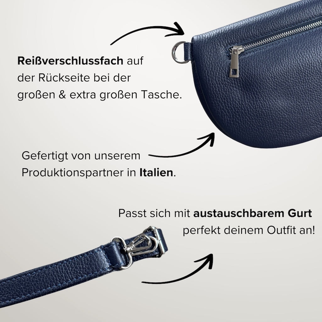 MAONI-Bauchtasche in der Farbe Dunkelblau mit sichtbarem Rückseiten-Reißverschluss und angeschnittenem Ledergurt – Bild zeigt Details zur Produktion in Italien und Gurtwechsel-Möglichkeit