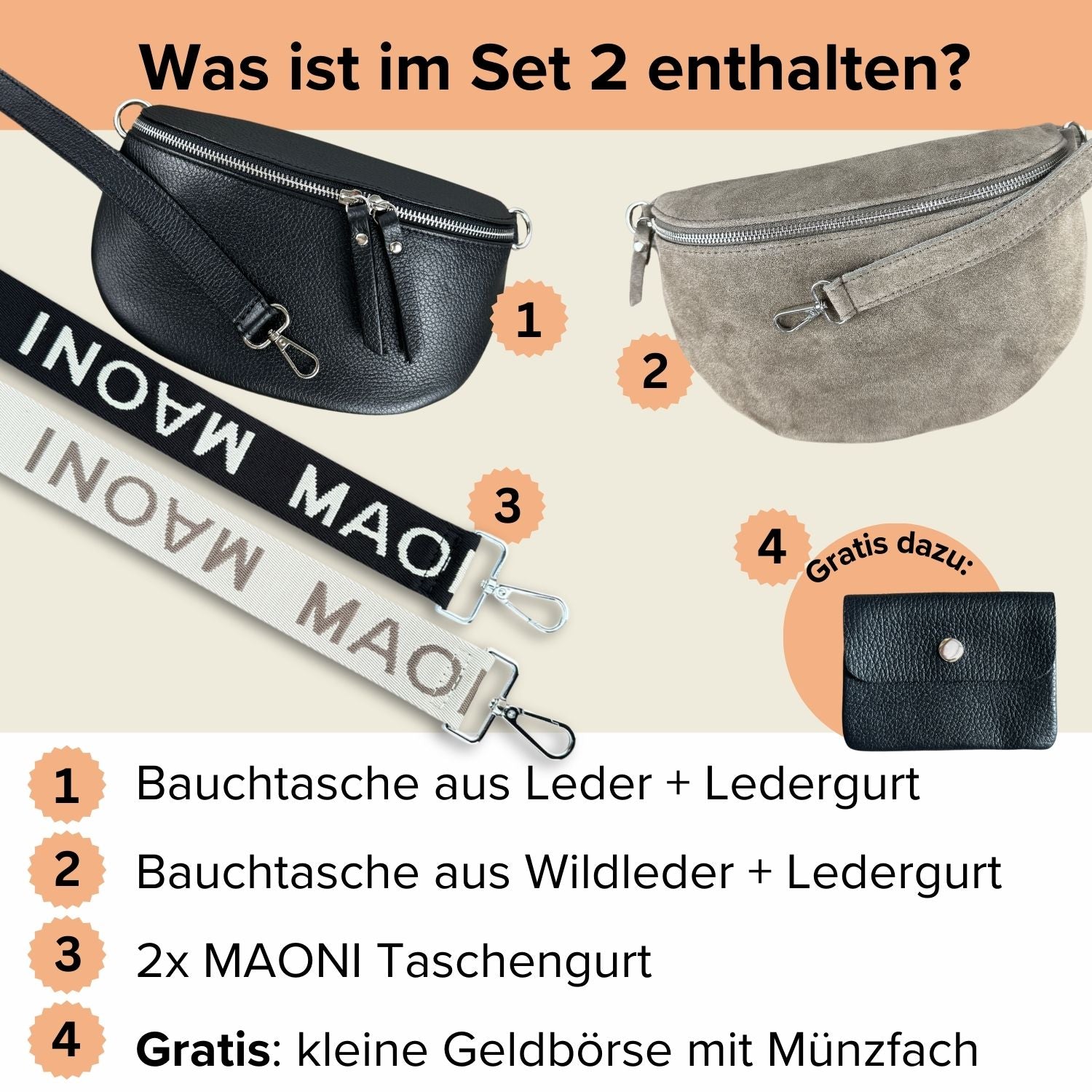 Starter Set von MAONI mit schriftlicher Erklärung, was im Starter Set enthalten ist.