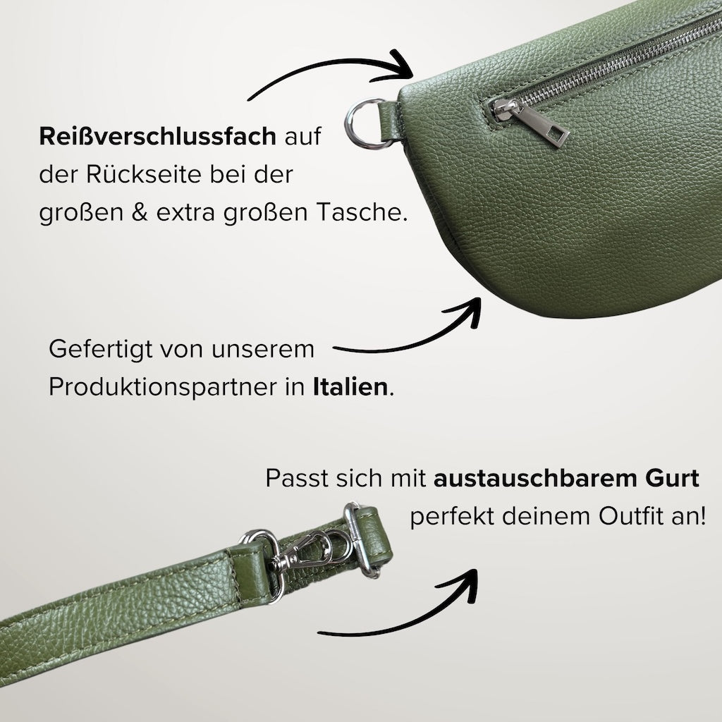 Dunkelgrüne MAONI-Bauchtasche mit sichtbarem Reißverschlussfach auf der Rückseite und angeschnittenem schmalem Ledergurt – Infobild zur Fertigung in Italien und dem austauschbaren Gurt