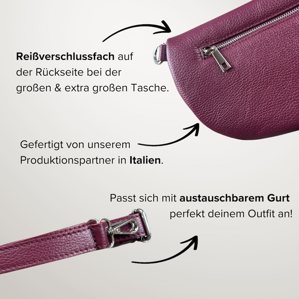 Burgunderrote Bauchtasche mit Rückansicht: sichtbarer Reißverschluss, seitlich angeschnittener Ledergurt – Infohinweis zur Herstellung in Italien und Gurtfunktion