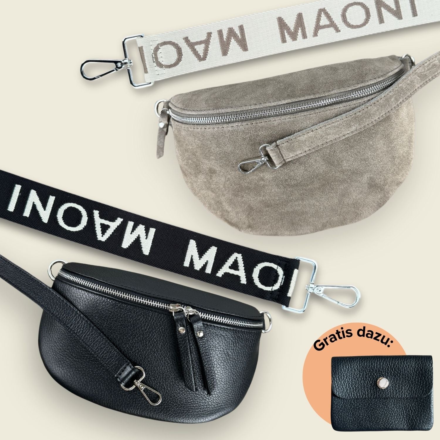 Starter Set von MAONI mit zwei Taschen, zwei schmalen Gurten, zwei breiten Gurten und einer schwarzen Ledergeldbörse.