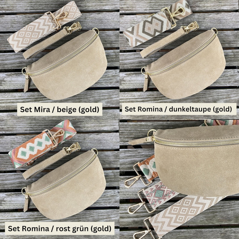 Bauchtasche Wildleder Damen SET - Taupe - GOLD – Mittelgroß / Romina / dunkeltaupe (gold)