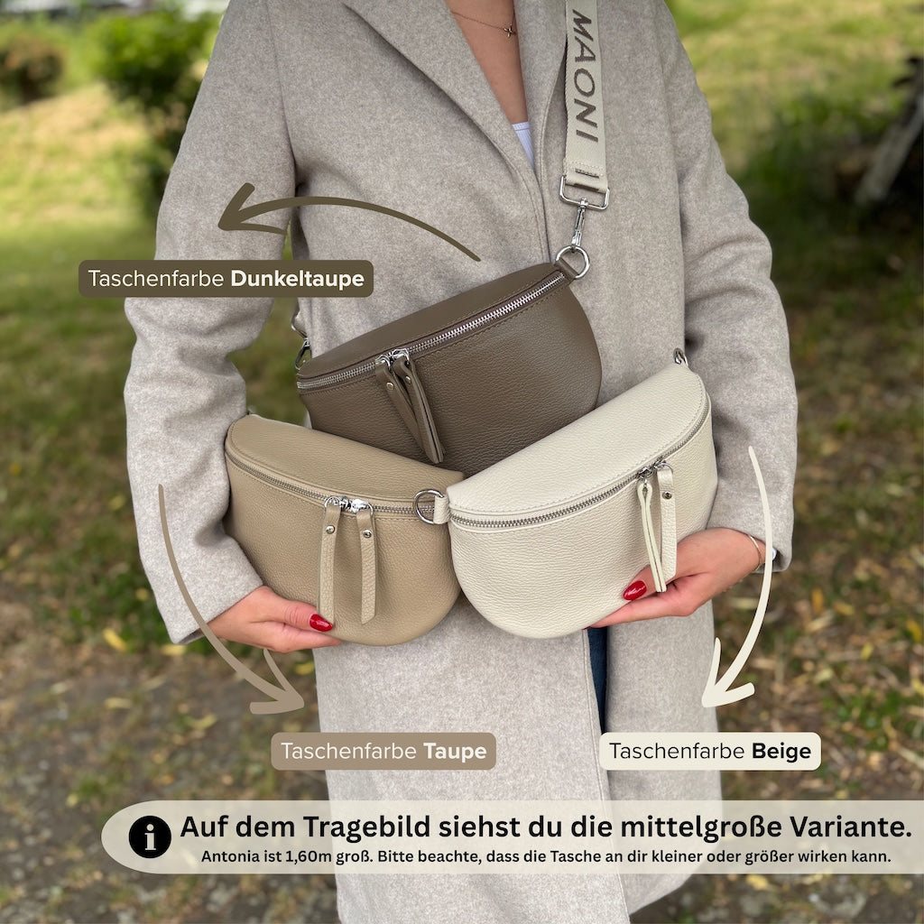 Vergleich von drei Leder-Bauchtaschen in Beige, Taupe und Dunkeltaupe – getragen von Frau, mit eingeblendeter Farbinfo und Modelgröße 1,60 m