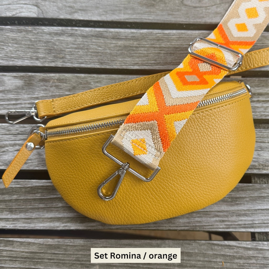 gelbes Taschen Set bestehen aus zwei Gurten und einer gelben Echtleder Bauchtasche