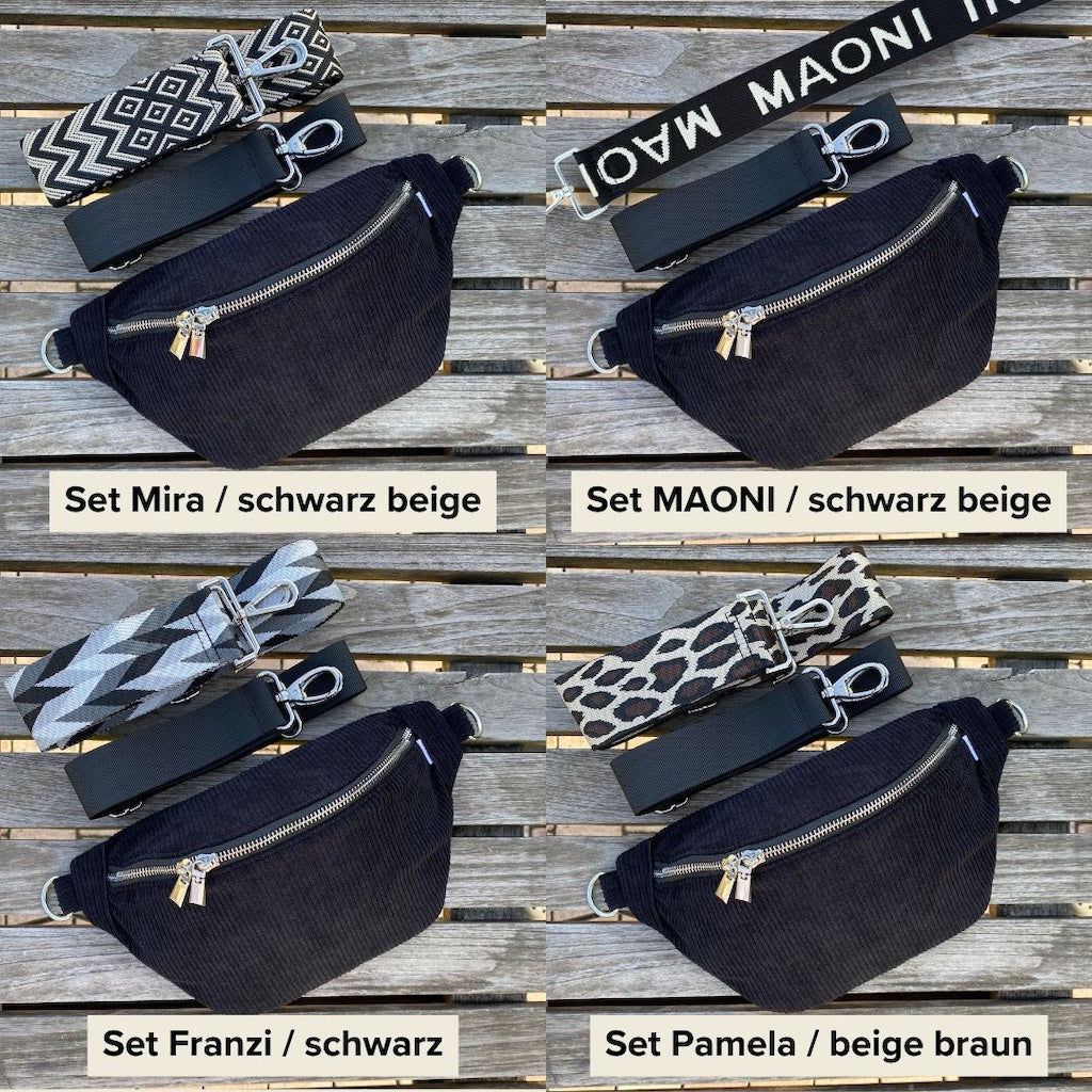 schwarze Cord Bauchtasche Damen mit breitem Gurt