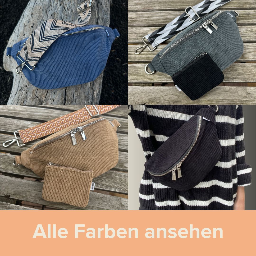 Cord Bauchtasche in vier verschiedenen Farben: Blau, Grau, Braun und Schwarz