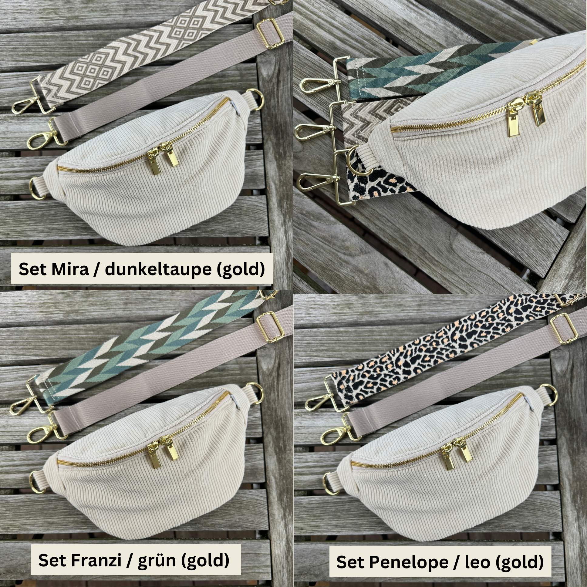 Trendig: Bauchtasche aus Cord mit drei gemusterten Gurten, ideal für einen modernen Look. 