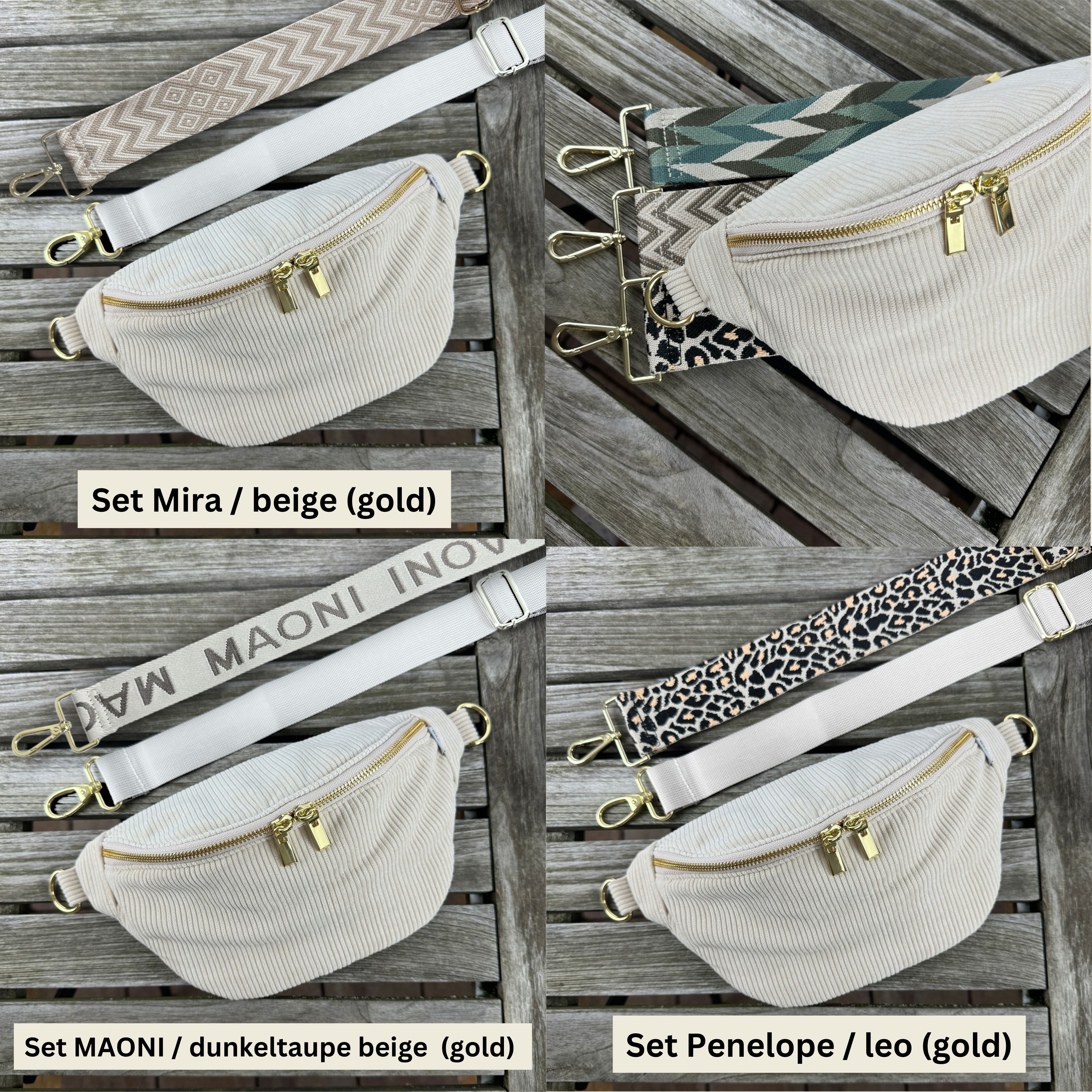 Trendig: Bauchtasche aus Cord mit drei gemusterten Gurten, ideal für einen modernen Look. 