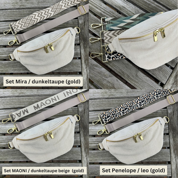 Trendig: Bauchtasche aus Cord mit drei gemusterten Gurten, ideal für einen modernen Look. 