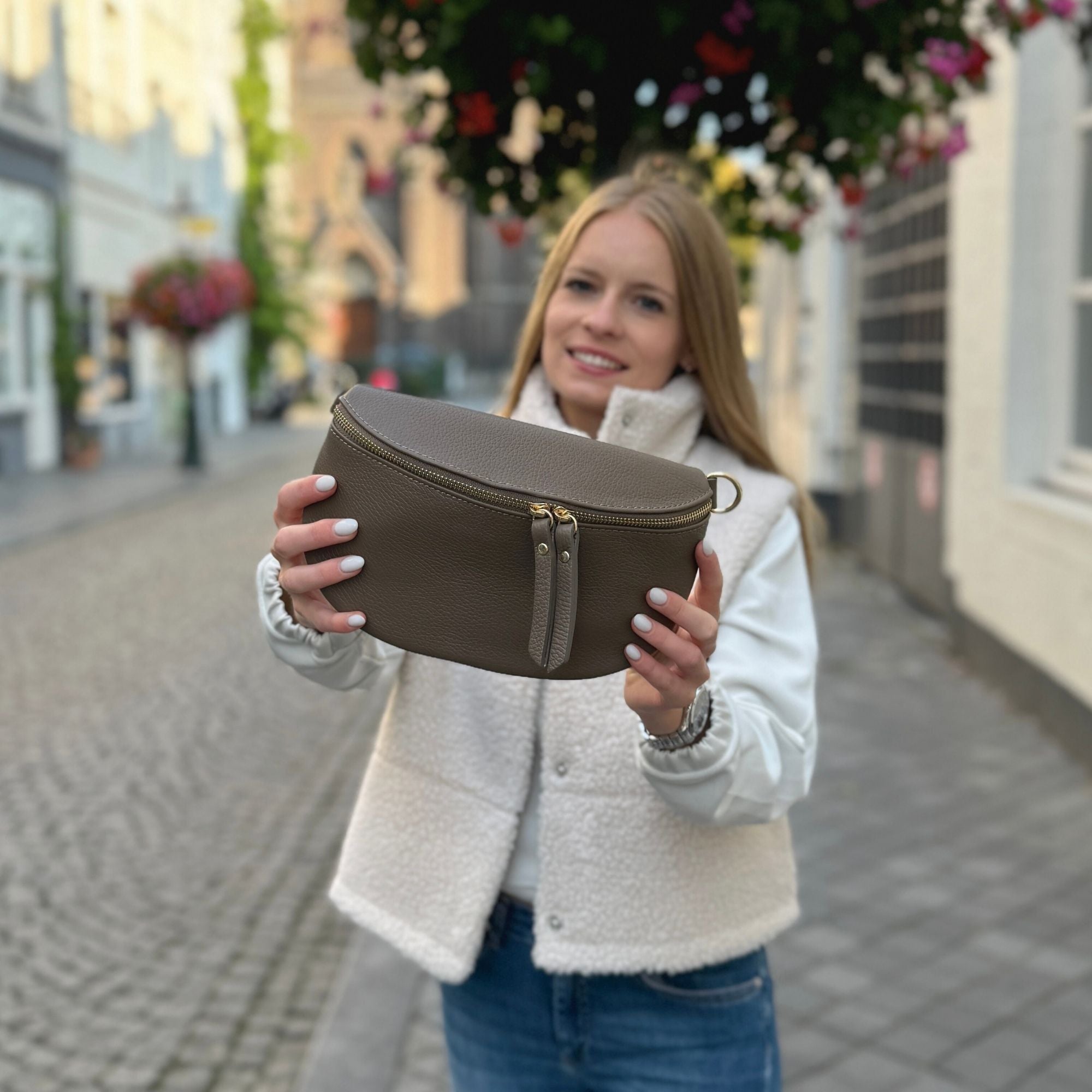 Bauchtasche Damen SET Dunkeltaupe Gold Pamela beige braun gold Klein