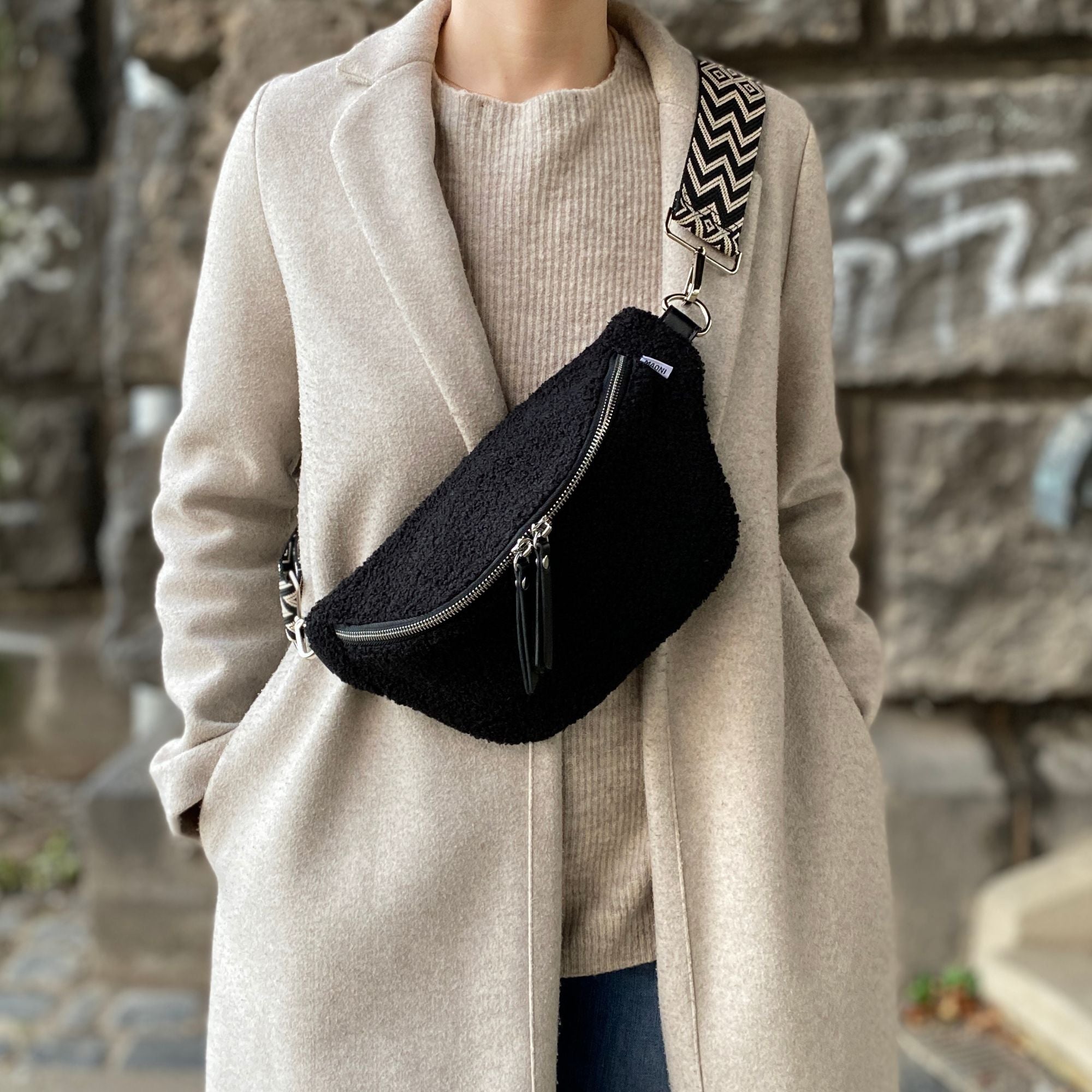 Bauchtasche Teddyfell Tasche Schwarz XXL Teddyfell Bauchtasche