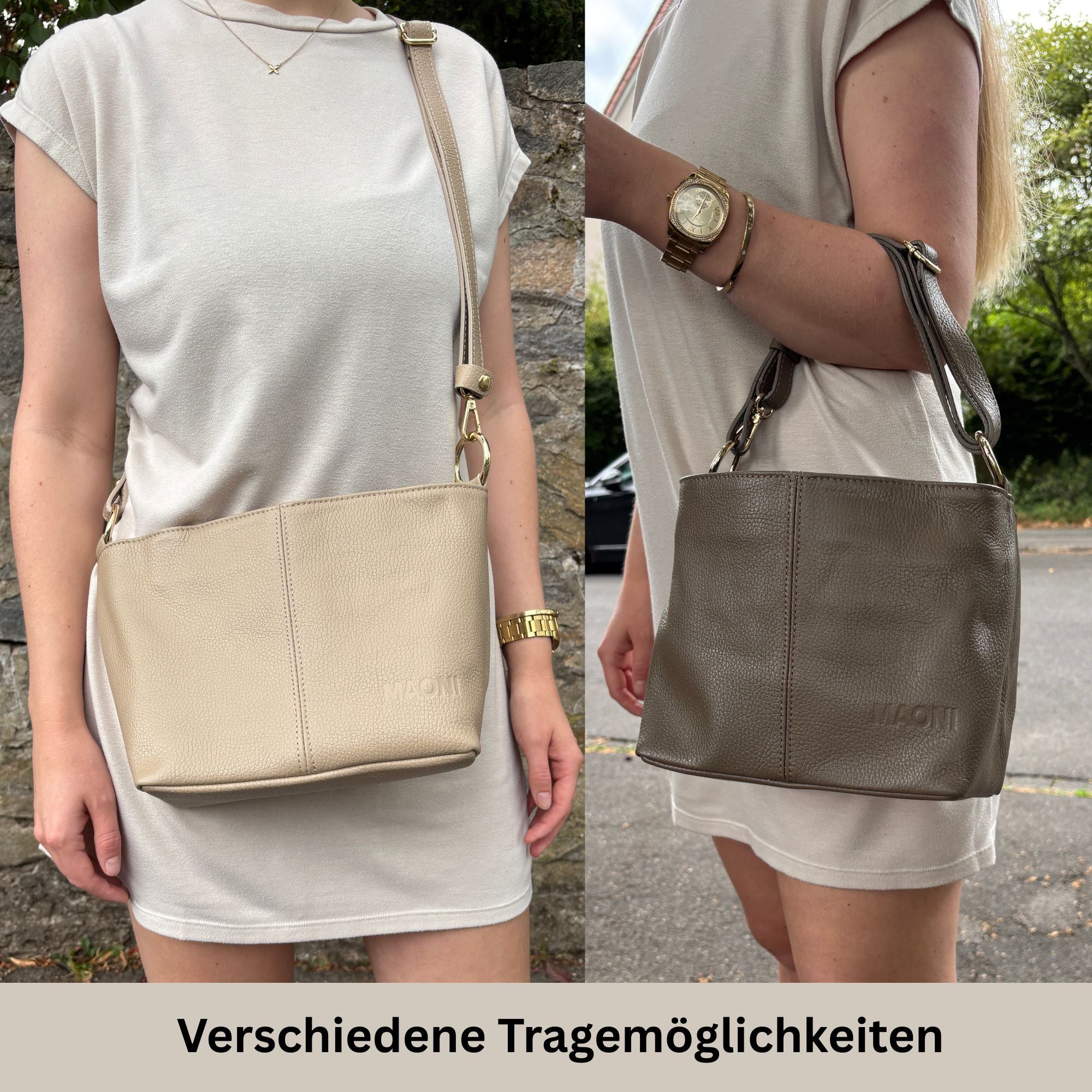 Umhängetasche Monica in Taupe im Größen- und Tragevergleich