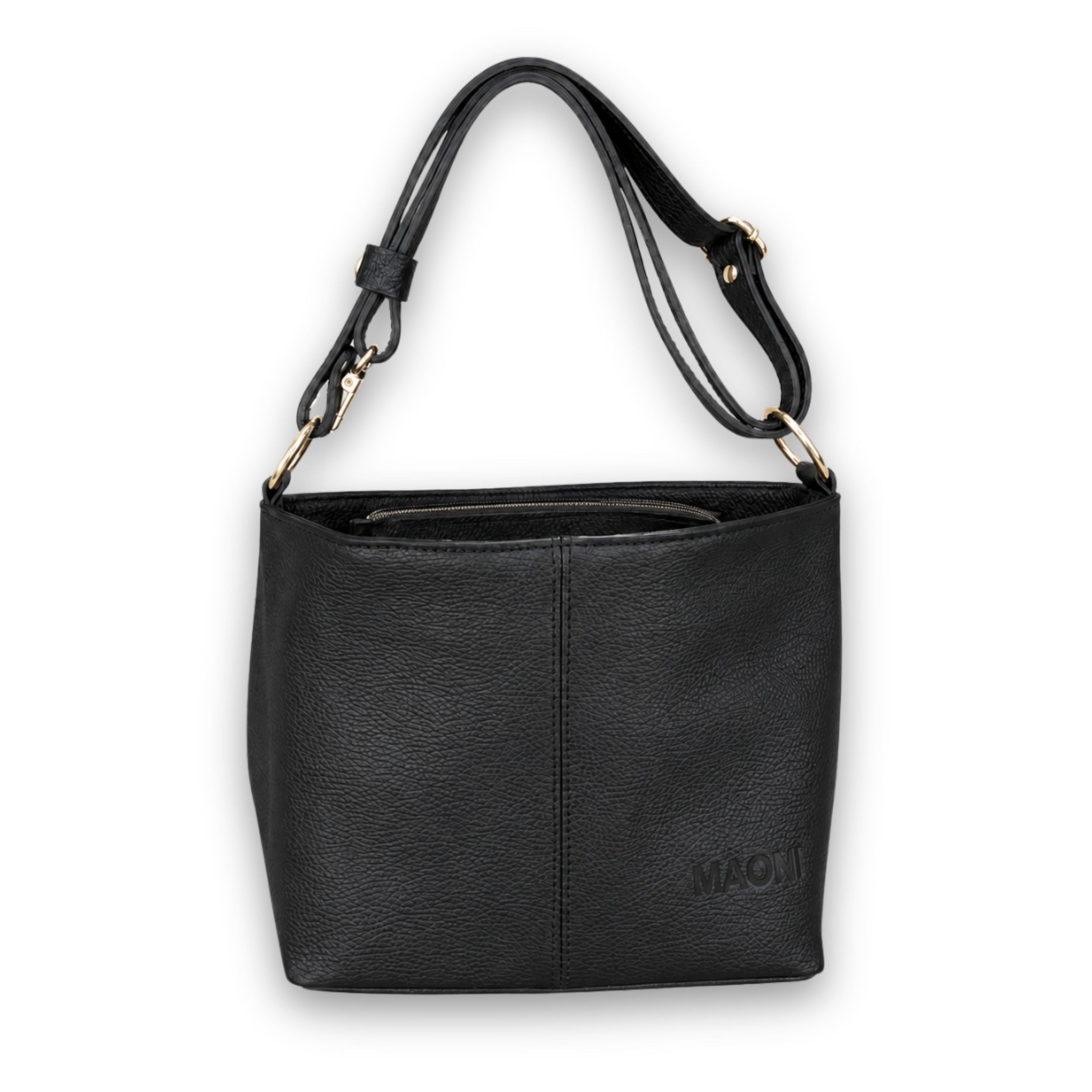 Umhängetasche Monica in Schwarz aus Echtleder mit goldfarbenen Details