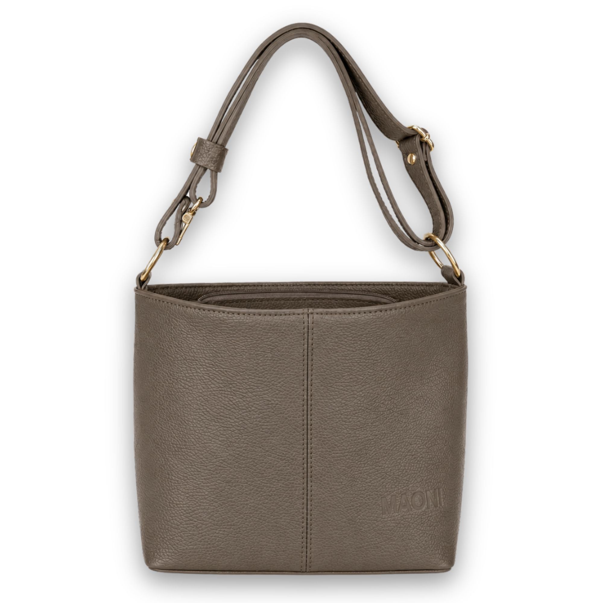 Umhängetasche Monica in Dunkeltaupe aus Echtleder mit goldfarbenen Details