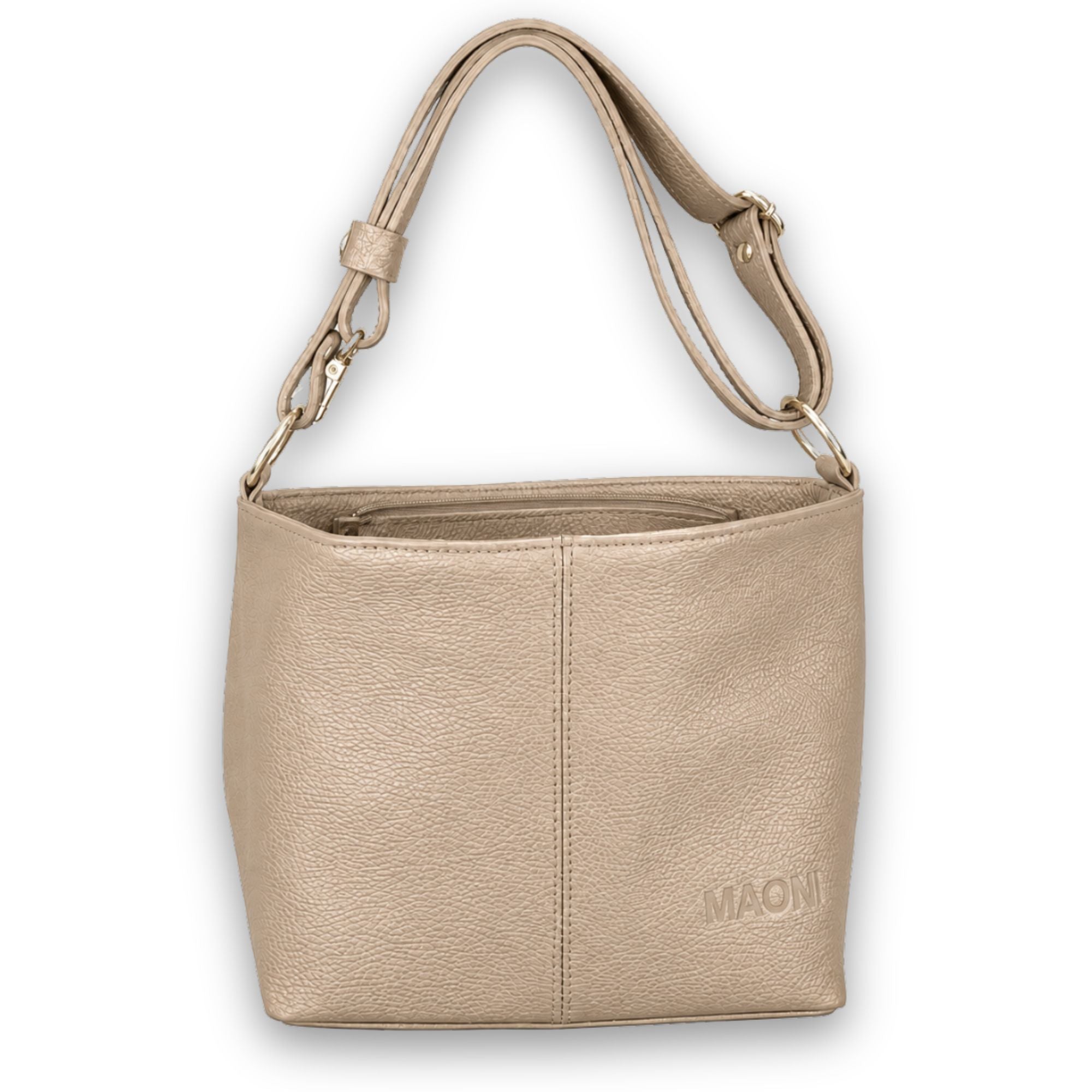 Umhängetasche Monica in Taupe aus Echtleder mit goldfarbenen Details
