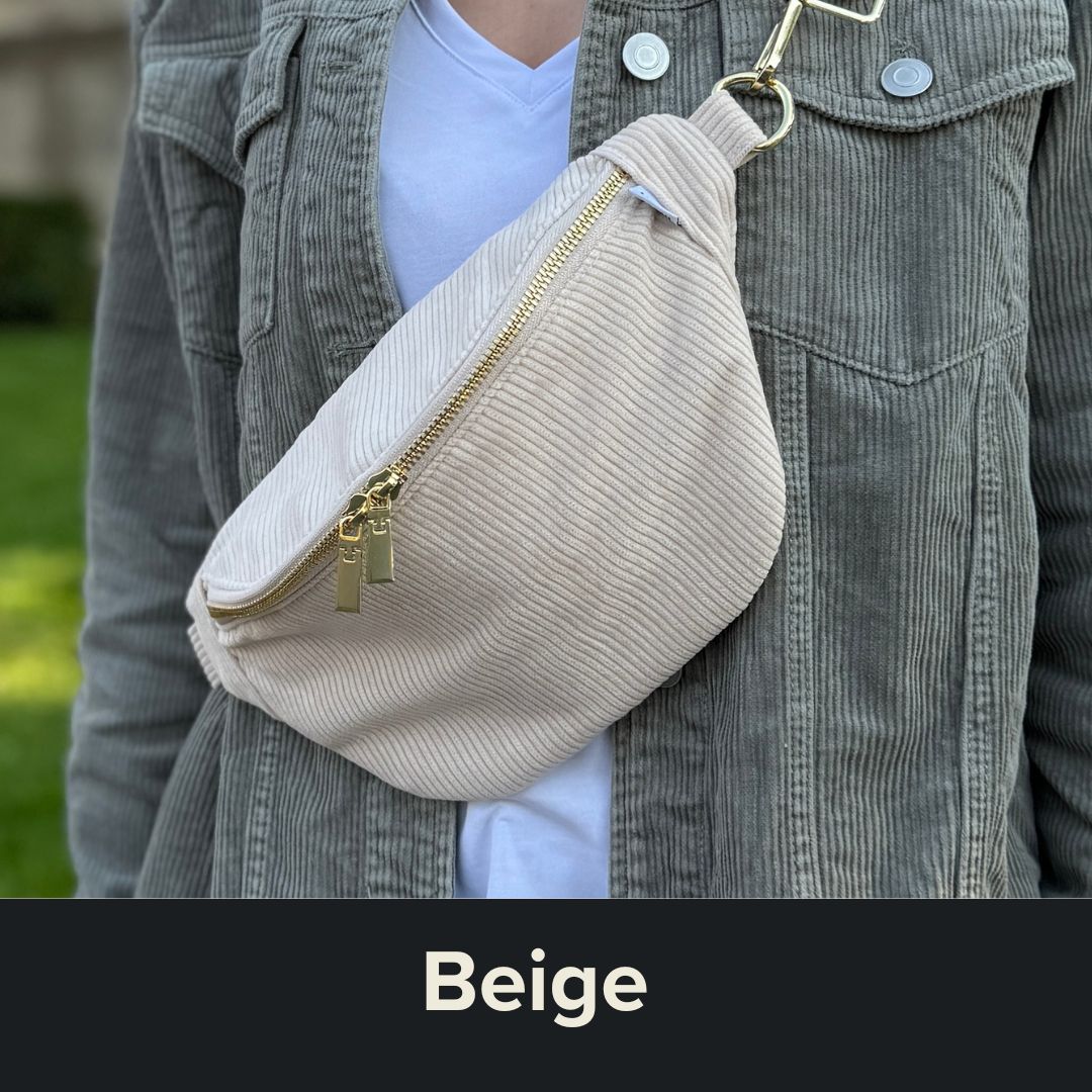 beige Cord Bauchtasche mit wechselbarem Taschengurt und goldenen Akzenten