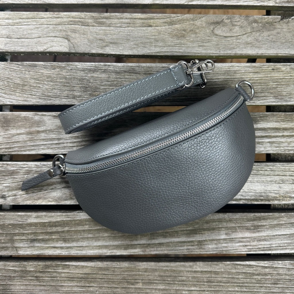 kleine Bauchtasche aus Leder in dunkelgrau